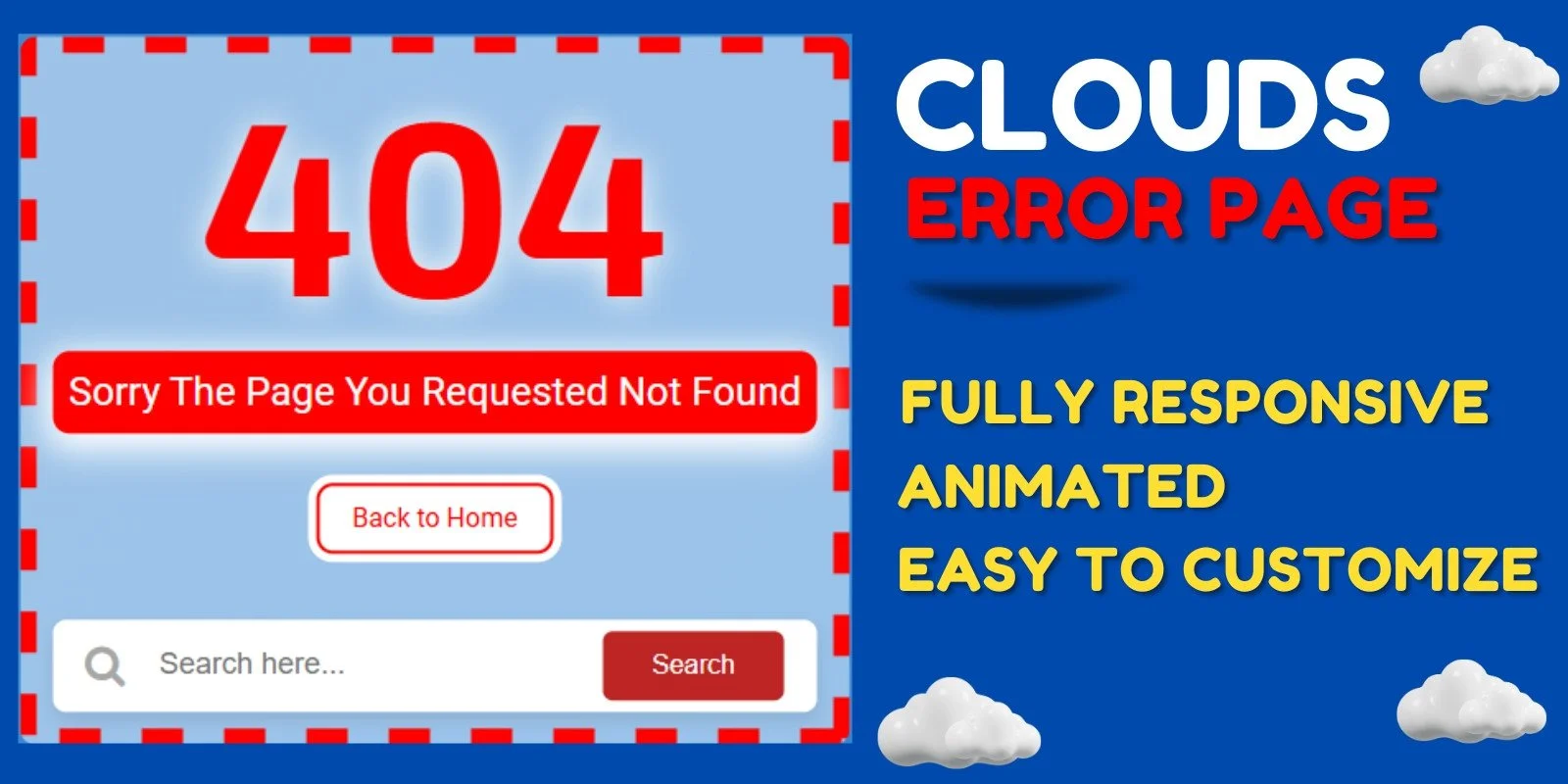 Mẫu HTML trang lỗi 404 động hình đám mây